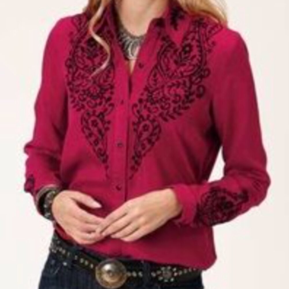 Roper Black Embroidery Burgundy / Merlot Snap Shirt Size M